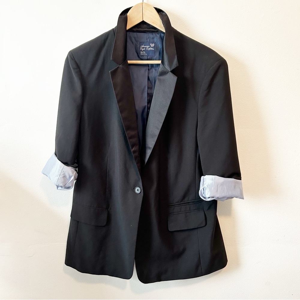 American Eagle Black Tuxedo Blazer Jacket Satin Collar Lined - Size XL